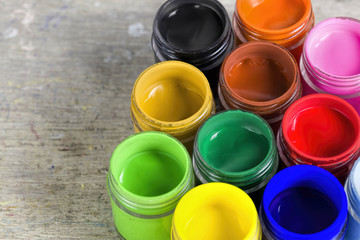  Close up of colorful poster colors with selective focus