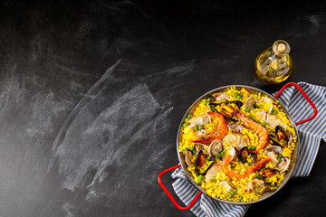 Spanish Seafood Paella Dish with Fresh Scampi