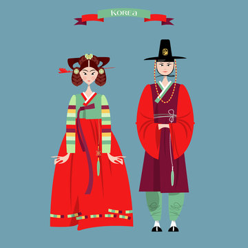 Сouple in traditional korean dresses. Hanbok.