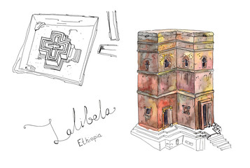 Watercolor Hand drawn sketch illustration architecture landmark of Rock-Hewn Churches, Lalibela, Ethiopia with lettering isolated