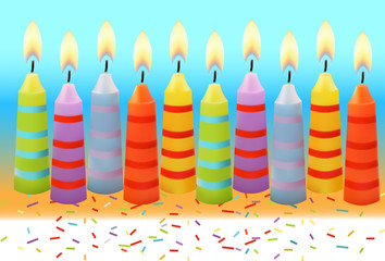 Ten birthday candles on blue background