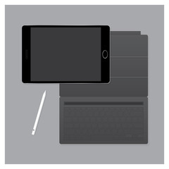 Black Tablet Pro with Keyboard Case and Pen Vector Illustration