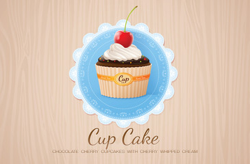 cup cake chocolate cherry on table wood