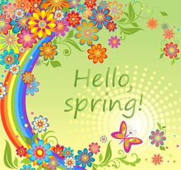 Spring card with colorful flowers and rainbow