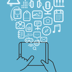 Different techno icons flows into the modern gadget