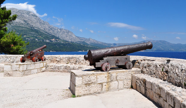 Cannons at medieval fortress in Korcula town, Korcula, Croatia, Europe.