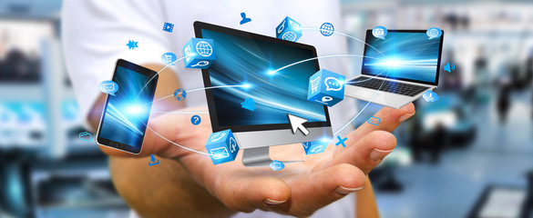 Businessman connecting tech device in his hand