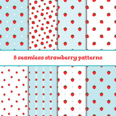 8 seamless cute patterns with strawberries. Vector illustration.