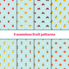8 seamless cute patterns with fruits and berries. Vector illustration.