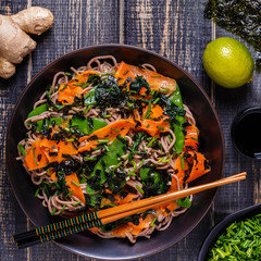Soba noodles with vegetables and seaweed.
