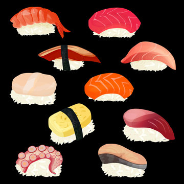 sushi set, vector illustration, on a black background