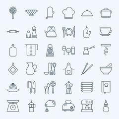 Line Cooking Utensils and Kitchenware Icons Set