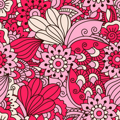 Hand drawn seamless pattern with floral elements. Colorful ethnic background. Pattern can be used for fabric, wallpaper or wrapping