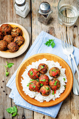 Eggplant white beans vegan meatballs with tomato sauce and rice