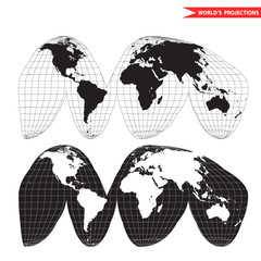 Goode homolosine projection. Orange peel world map on white background. Interrupted earth globe.