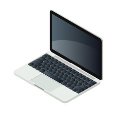 Isometric laptop pc isolated on white background vector illustration. Elegand aluminium computer with modern design. Keyboard, trackpad and lcd screen elements.