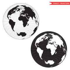 Lambert azimuthal equal-area world map projection. Black and white world map vector illustration.