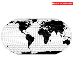 Robinson map projection of a world map which shows entire world at e as a flat image. Black and white world map vector illustration - obrazy, fototapety, plakaty
