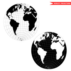 spherical world map projection. Black and white world map vector illustration.