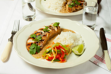 Turkey fillet with rice and bell pepper salad