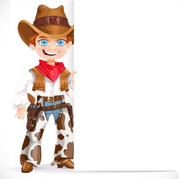 Cute boy dressed as a cowboy with big white blank banner isolate