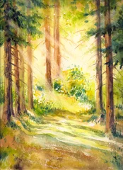 Foto op Plexiglas Sunny summer forest.Picture created with watercolors. © dannywilde