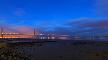 Vasco da Gama Bridge in Lisbon at night. The longest bridge in Europe