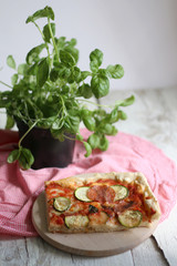 Slice of homemade pizza with tomato sauce, zucchini, spicy salami, mozzarella and basil leaves. On white rustic table, decorated with checkered tablecloth and basil pot. Selective focus.
