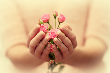 Woman hands with beautiful bouquet of roses, close up