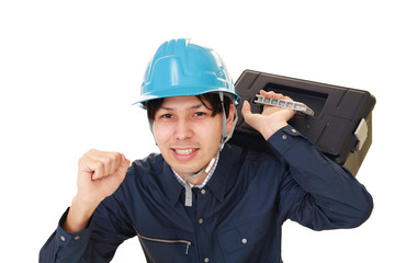 ガッツポーズの労働者