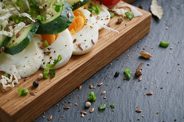 Healthy food and ingredients with tomato, cucumber, cabbage, gre