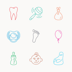 Pacifier, baby boy and bottle icons. Tooth sign.