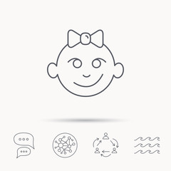 Baby girl face icon. Child with smile sign.