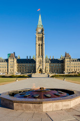Parliament building in Ottawa, Canada - Centre Block, Peace Tower and Centennial Flame