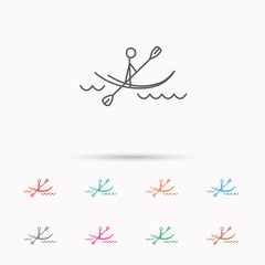 Kayaking on waves icon. Rafting or canoeing.