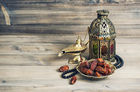 Arabian lantern, golden lamp fruits. Eid mubarak vintage