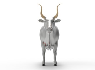 3D illustration of the cow, on white background isolated, with shadow. icon for game