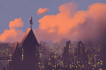 Foto op Plexiglas man watching over the city,illustration painting © grandfailure