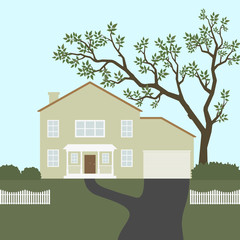Vector illustration of house with white fence and green tree.