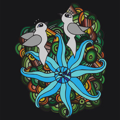 Two gray birds with blue exotic flower