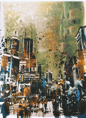 crowd of walking people in the city with buildings,painting with grunge texture