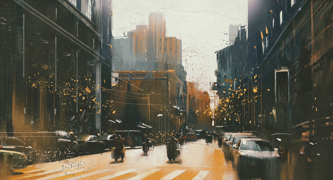 city street with historical building,painting with vintage style
