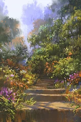 Fototapeten stone staircase in wood with colorful flowers,illustration painting © grandfailure