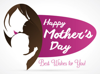 Mom Kissing her Baby and Purple Sign for Mother's Day, Vector Illustration