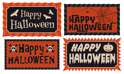 Happy Halloween-Set of four Happy Halloween typographic banners in orange and black framed with a rosette border