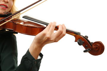 Musician plays violin isolated on white background, close up