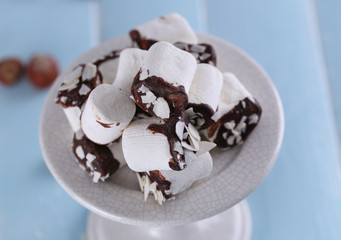 Tasty marshmallows with chocolate on plate, close up