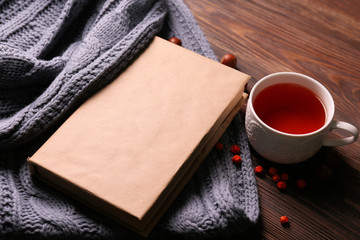A book, a cup of tea, hazelnuts and a blanket on the wooden background