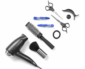 Barber set with tools and equipment, isolated on white