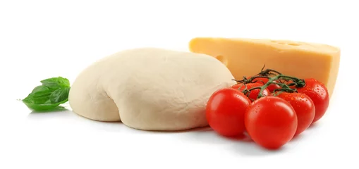 Papier Peint photo Pizzeria Fresh dough and other ingredients for pizza isolated on white